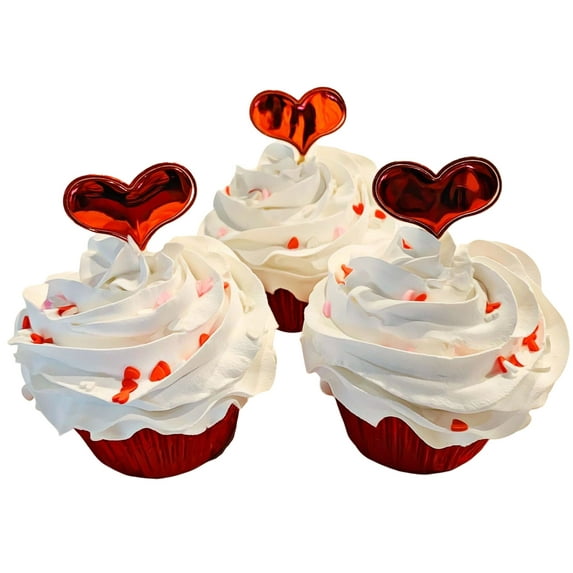 DEZICAKES Fake Cupcakes Valentine Cupcakes Set of 3 Metallic Red Heart Fake Food Decoration Dezicakes