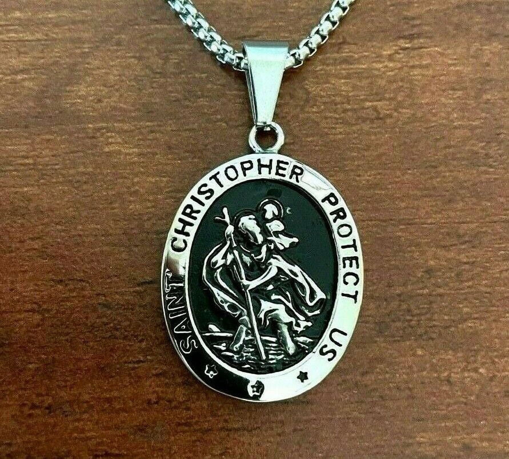 DEZILOO Mens Saint St Christopher Medal Pendant Necklace Stainless Steel Amulet