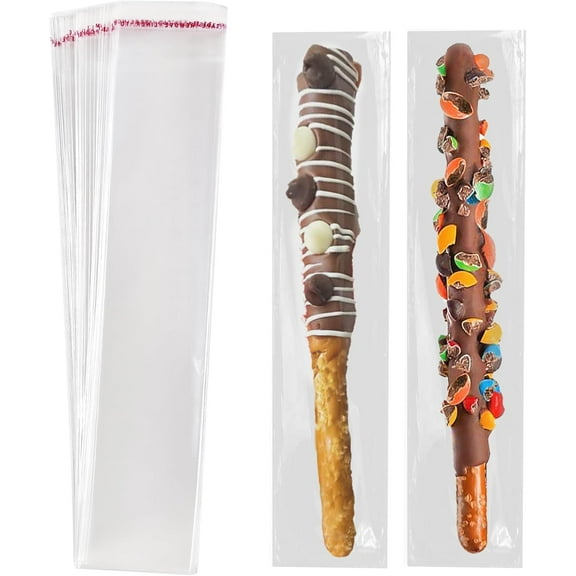 DF 100 Pcs Self Sealing Cellophane Bags: 2x10 Inches Clear Pretzel Rod Resealable Pretzels Individual Bags for Packaging ICY Candy Treat Popsicle Cookies