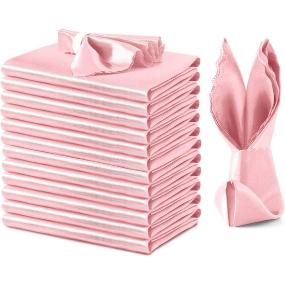 DF 12 Pack Blush Pink Satin Napkins 20x20 Inch Wedding Napkins, Scalloped Elegant Dinner Napkins Square Table Napkins Decor, Silky Satin Cloth Napkins for Restaurant Banquet Graduation Party