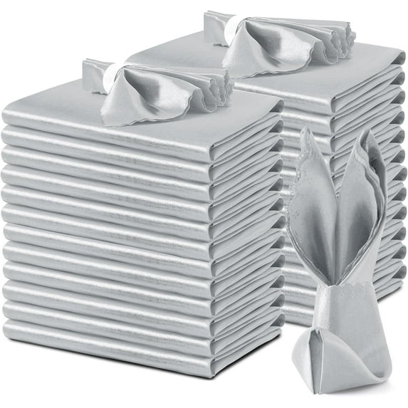 DF 24 Pack Silver Grey Satin Napkins 20x20 Inch Wedding Napkins, Scalloped Elegant Dinner Napkins Square Table Napkins Decor, Silky Satin Cloth Napkins for Restaurant Banquet Graduation Party
