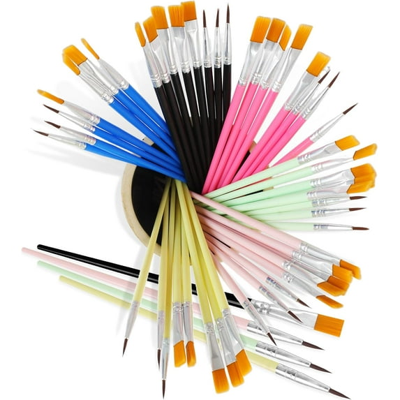 DF 48 Pcs Acrylic Paint Brush Set, 6 Color Round-Pointed Tip and Flat Small Brush Bulk, Nylon Paint Brushes for DIY Classroom Acrylic Watercolor Canvas Face Painting Touch Up