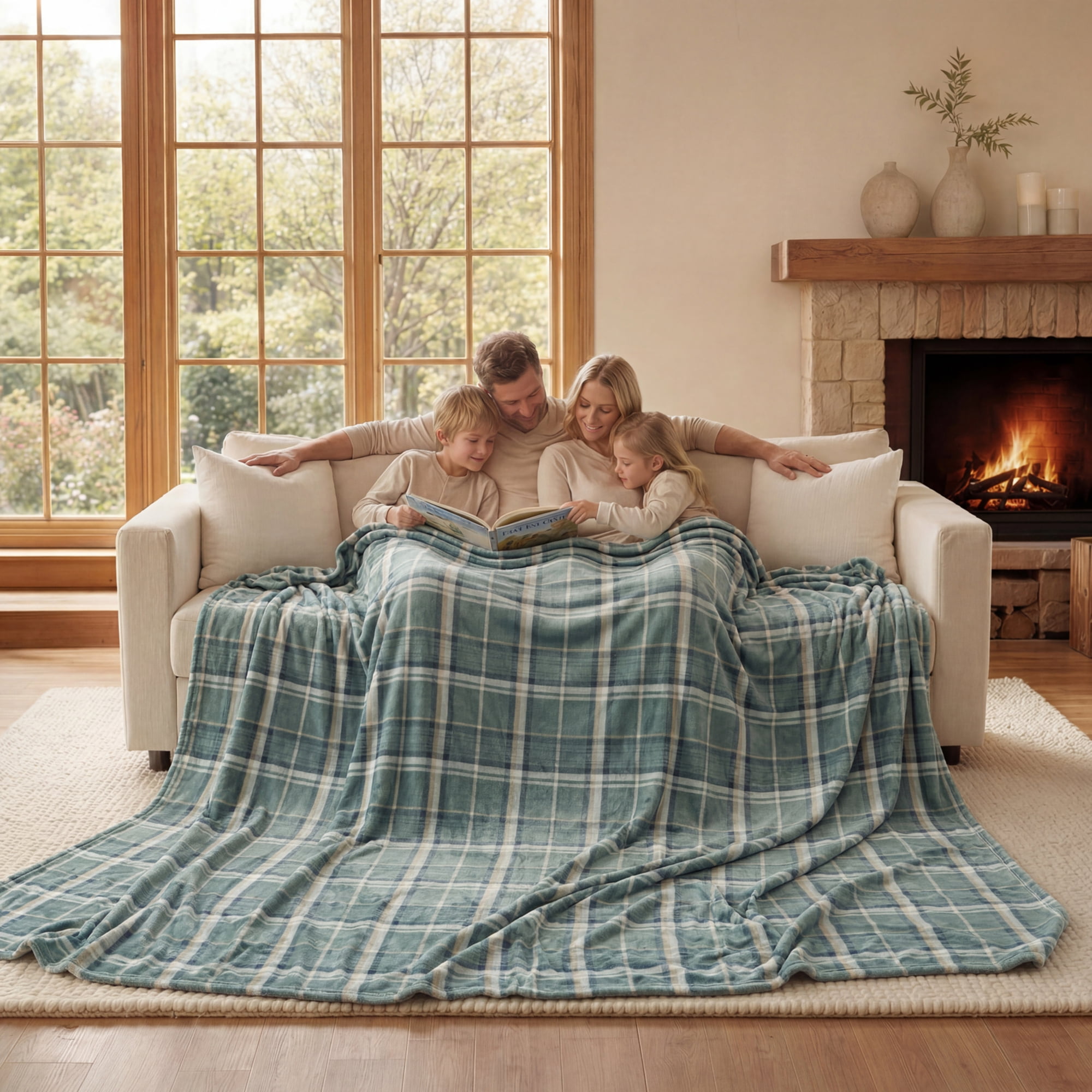 Dearfoams Huge Plaid Family Blanket, Green, 84 x 104 in