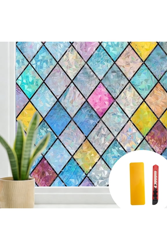 DF Stained Glass Window Film,Static Cling Window Privacy Film Decorative UV Sun Blocking Non-Adhesive Glass Window Covering for Home Bathroom, 23.62"x78.74"