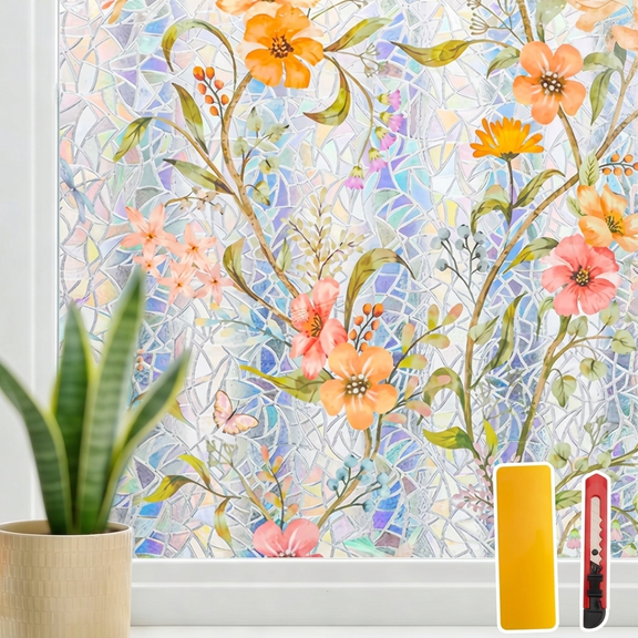 DF Stained Glass Window Film,Static Cling Window Privacy Film Decorative UV Sun Blocking Non-Adhesive Glass Window Covering for Home Bathroom, 23.62"x78.74"
