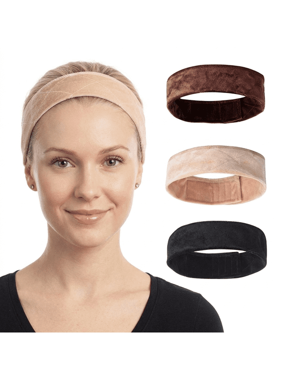 DF Women's Wig Grip Band, Adjustable Elastic Comfort Headband, Velvet Tan Color, 3Pieces