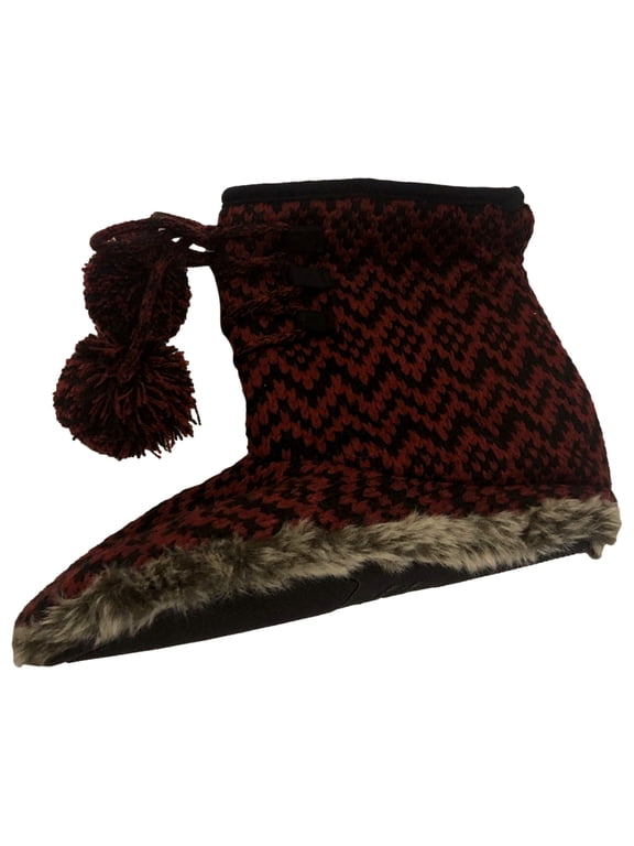 DF by Dearfoams Womens Red Zigzag Houndstooth Bootie Style Slippers L (9-10)