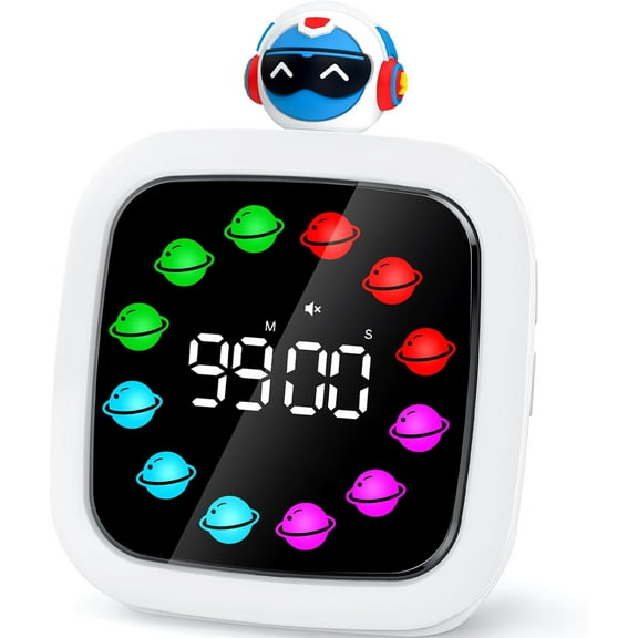 DFA Digital Visual Timer for Kids, Rechargeable 99-Minute Silent Countdown Timer with 19 Ringtones, 9 Optional DIY Color Planet Display, Time Management Tool with Pause Function (Robot)