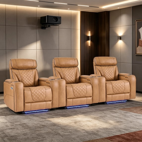 DFA Electric Power Recliner Chair Set of 3, PU Leather Home Theater Seating with USB Port, LED Light, Hidden Arm Storage & Cup Holders, for Media Living Room, Camel