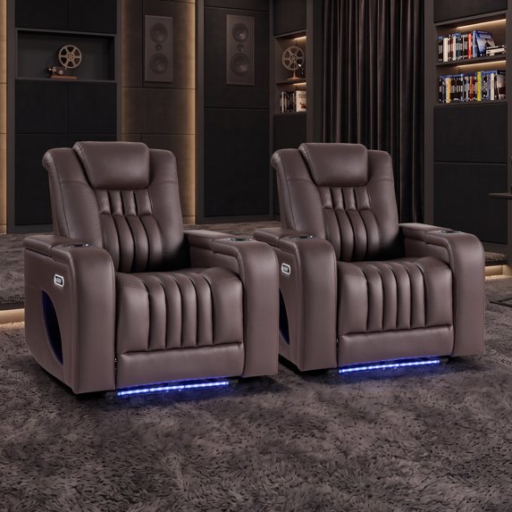 DFA Power Recliner Chair, Faux Leather Home Theater Seating with USB Ports, LED Light, Adjustable Headrest, Cup Holders & Hidden Storage, for Living Room Cinema Bedroom, Brown