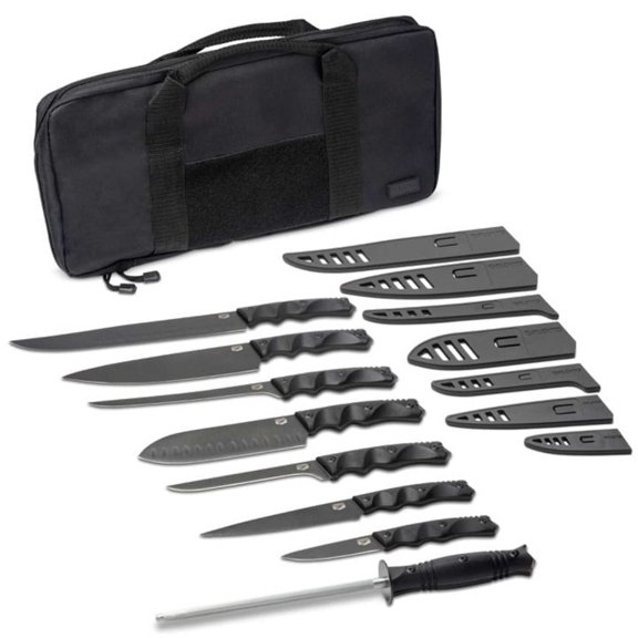 DFACKTO Premium Rugged Chef's Knife Basecamp Set with Sheaths and Case - Stonewashed High Carbon Stainless Steel Knives in Tactical Travel Kit - G10 Handles - Black Cooking BBQ Utensils