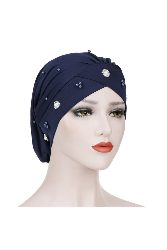 Beaded Turban Night Cap for Women Chemotherapy Forehead Cover Comfortable Baseball Hat Navy One Size