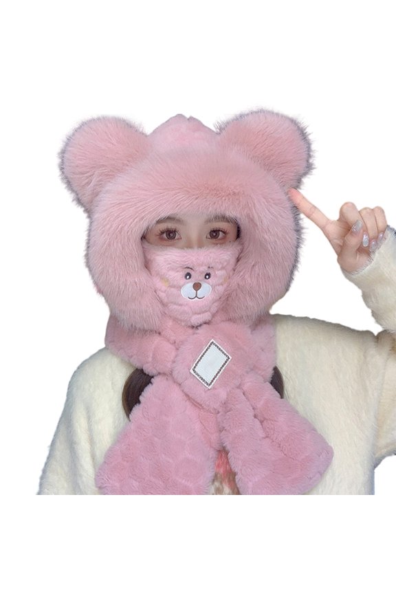 Bear Ear Hat With Attached Scarf Set Winter Warm Hat Cute Checkered Pattern For Cold Weather Outdoor Adventures Light Pink1 One Size