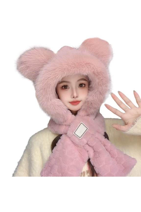 Bear Ear Hat With Attached Scarf Set Winter Warm Hat Cute Checkered Pattern For Cold Weather Outdoor Adventures Light Pink2 One Size