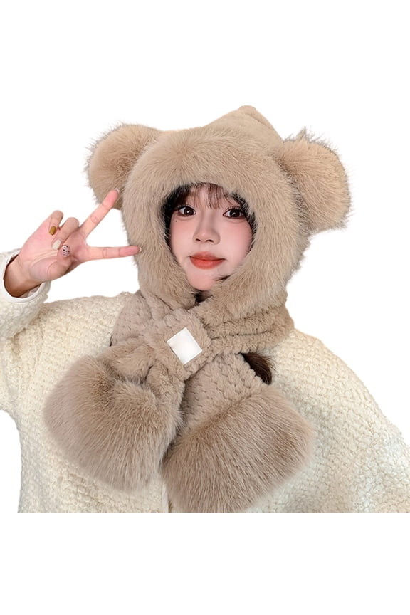 Bear Ear Knit Hooded Scarf Combo Warm Winter Wear Cozy Lined Face Windproof Cold Weather Accessory Brown One Size