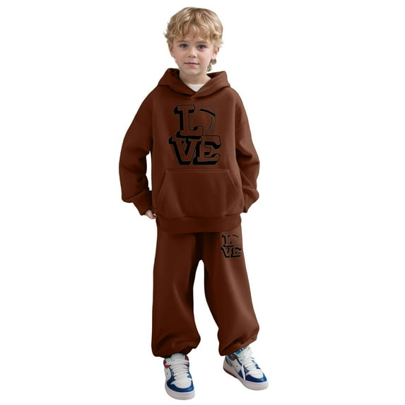 DFEK Boys Girls Hooded Pullover Tracksuit Set Cozy Graphic Football Long Sleeve Hoodies Sweatshirts and Sweatpants Set Casual Playwear Outfit Comfortable Sweatshirt Jogger Pants Coffee 4-5 Years
