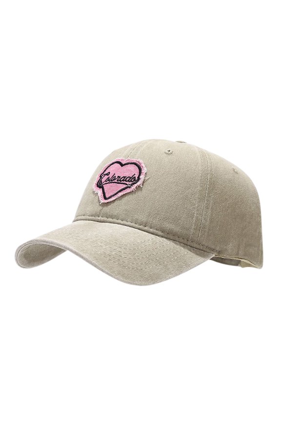 Classic Washed Embroidered Heart Baseball Cap Adjustable Low Profile Sun Hat for Outdoor Daily Wear Khaki One Size