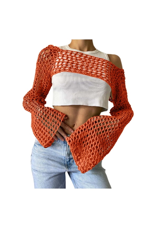 Crochet Crop Tops for Women Y2K Going Out Top Hollow Out Knit Bikini Beach See Through Cover Ups Fashion Orange L