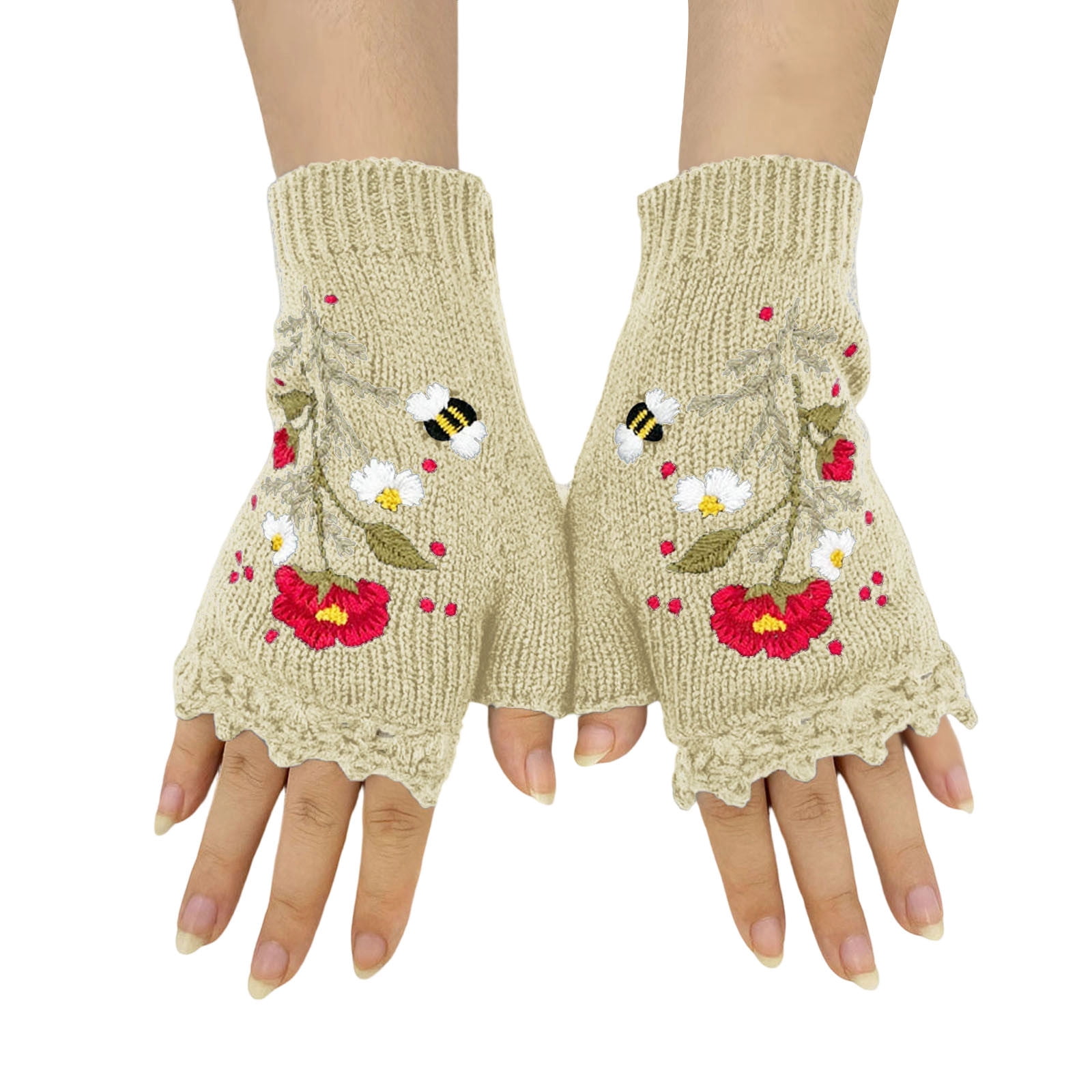 DFEK Crochet Fingerless Mittens with Floral Embroidery for Winter ...