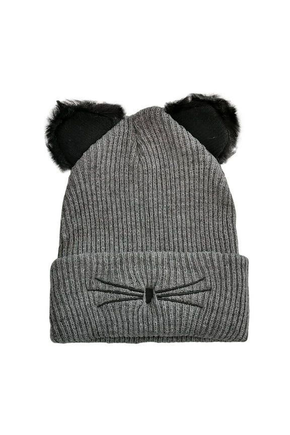 Cute Kitty Ear Embroidered Knit Hat Warm Winter Pullover Cap for Cold Weather Grey One Size