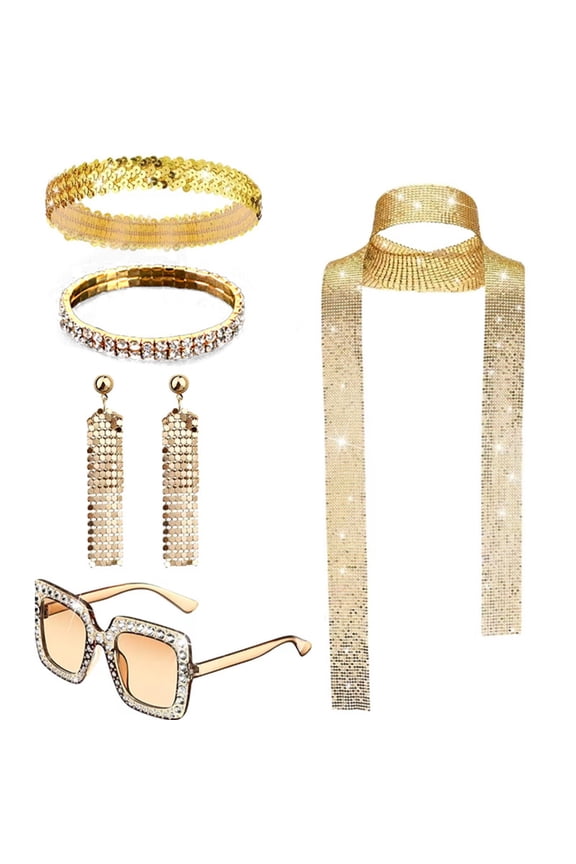 Disco Party Accessories Set 1970s Retro Glam Jewelry for Women Includes Tassel Earrings Headband Bracelet Necklace Gold One Size