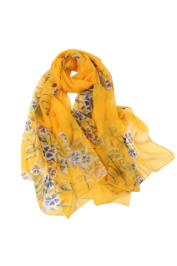 Elegant Floral Print Polyester Scarf for Women Lightweight Fashion Accessory for Birthday and yellow One Size