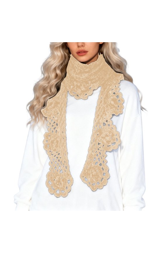 Elegant Hand Crocheted Floral Scarf Striped Knitted Neck Warmer Soft Warm Decorative Fashion Accessory Beige One Size