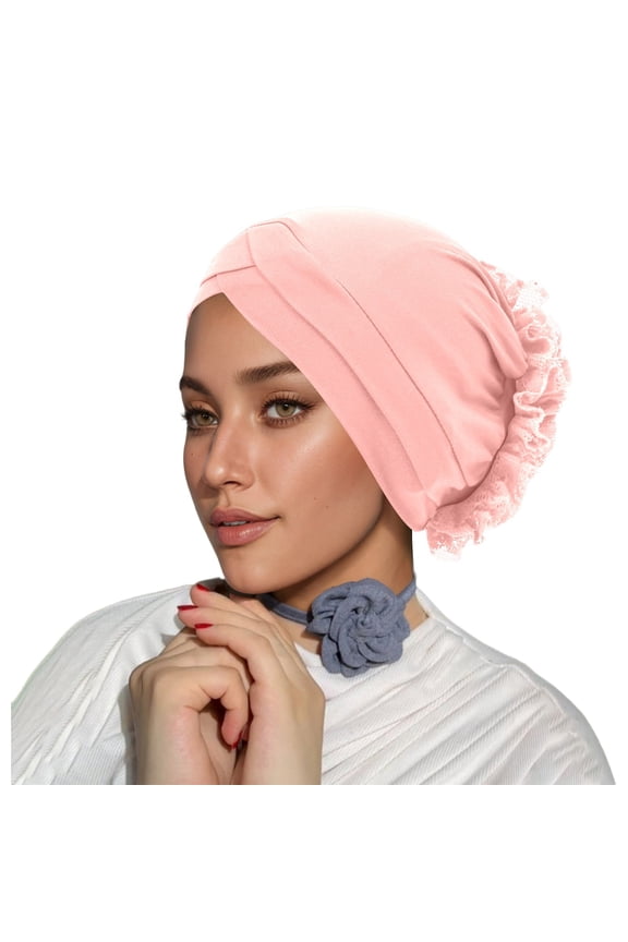 Elegant Lace Embroidered Headband Scarf Fashion Forehead Cover Hijab Cap Accessory Pink One Size