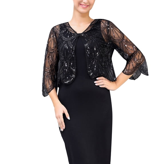 DFEK Elegant Sequin Three Quarter Sleeve Short Cardigan Jacket with Detachable Cape Shawl Wrap Black One Size