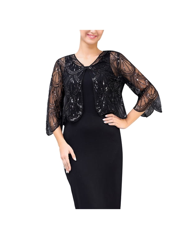 Elegant Sequin Three Quarter Sleeve Short Cardigan Jacket with Detachable Cape Shawl Wrap Black One Size