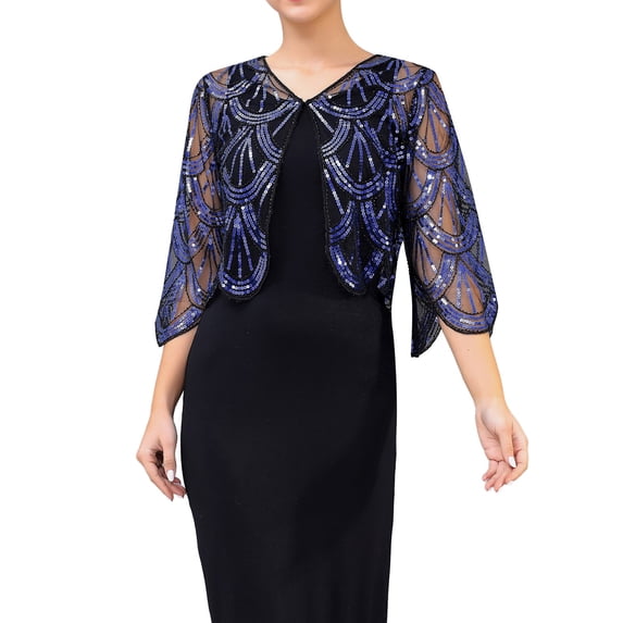 DFEK Elegant Sequin Three Quarter Sleeve Short Cardigan Jacket with Detachable Cape Shawl Wrap Blue One Size