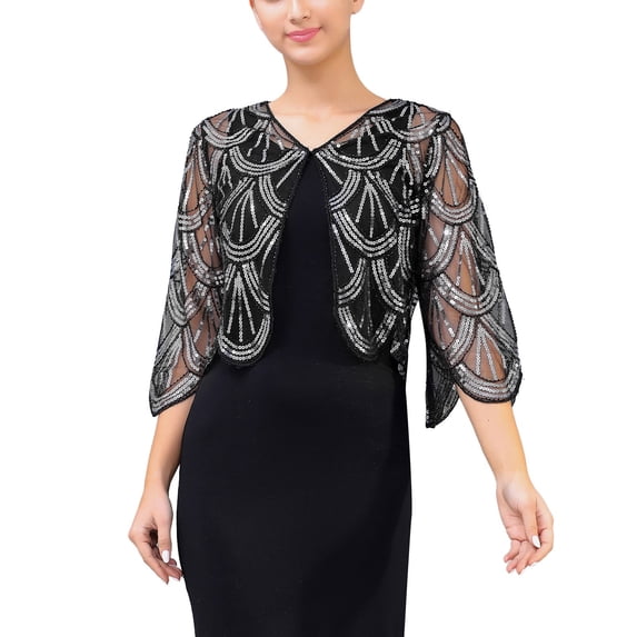 DFEK Elegant Sequin Three Quarter Sleeve Short Cardigan Jacket with Detachable Cape Shawl Wrap Dark Gray One Size