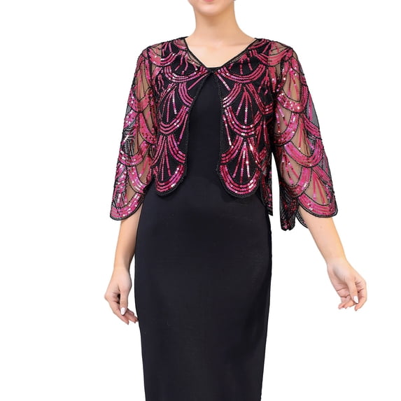 DFEK Elegant Sequin Three Quarter Sleeve Short Cardigan Jacket with Detachable Cape Shawl Wrap Hot Pink One Size