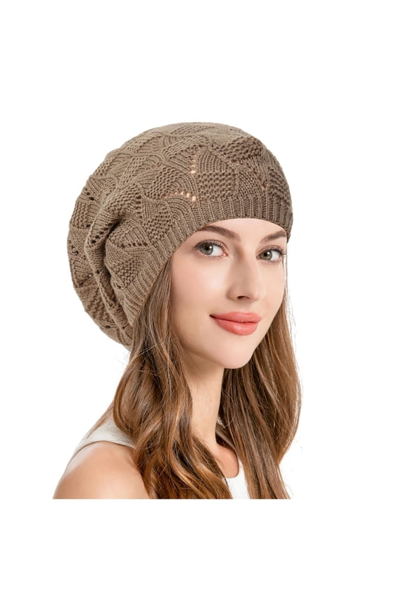 Elegant Soft Knit Crochet Beret Hat with Airy Cutout Design Lightweight Slouchy Casual Fashion Headwear for Women Khaki One Size