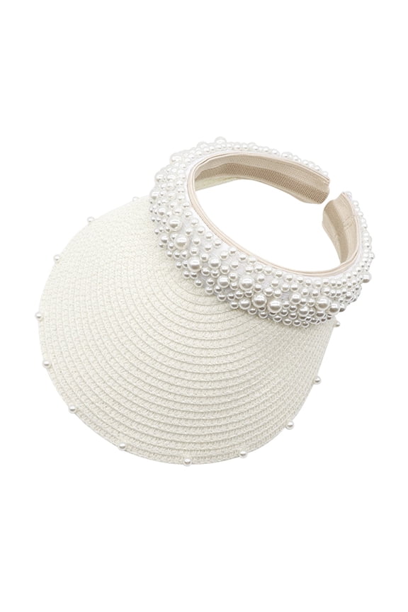 Elegant Sun Pearl Hollow Weave Baseball Cap for Women with Headband and Hairpin Design White One Size