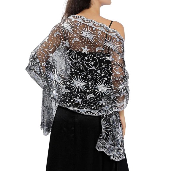 DFEK Elegant Women's Evening Shawl with Sparkling Sequins Moon Design for Formal Dress and Occasions Grey One Size
