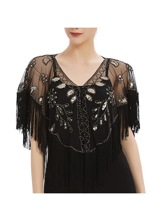 Elegant Women's Fashion Shawl Gown with Mesh Sequined Beaded Tassel Cape Smock Design B One Size
