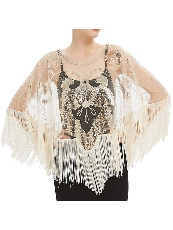 Elegant Women's Fashion Shawl Gown with Sequined Mesh and Beaded Tassel Cape Smock A One Size