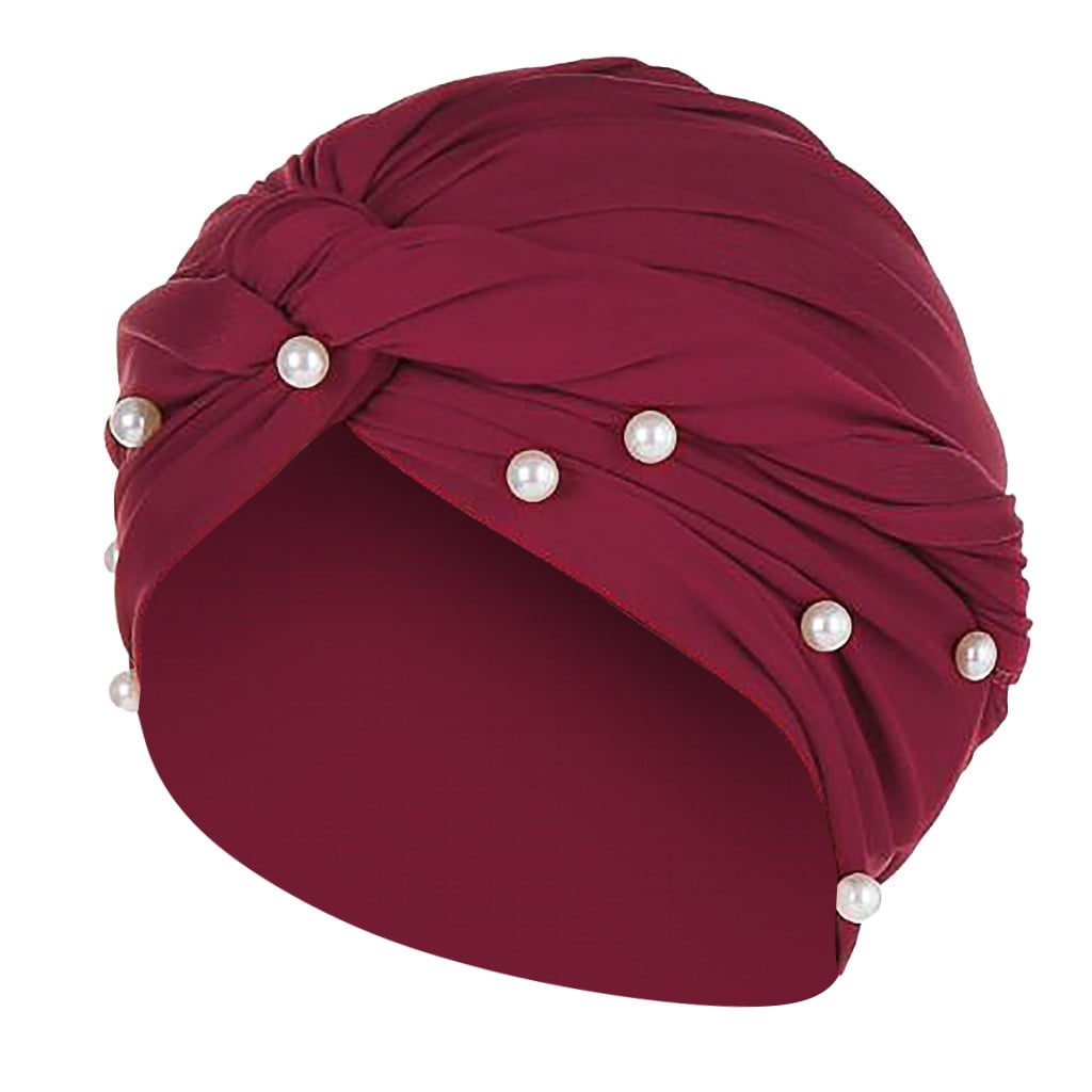 DFEK Elegant Women's Pearl Beaded Turban Wrap Baseball Cap with Ruffle ...