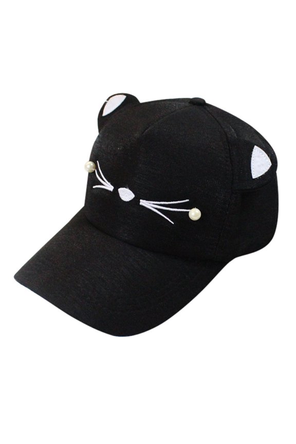 Fashion Student Cat Ears Pearl Spring Baseball Visor Cap for Women Black One Size