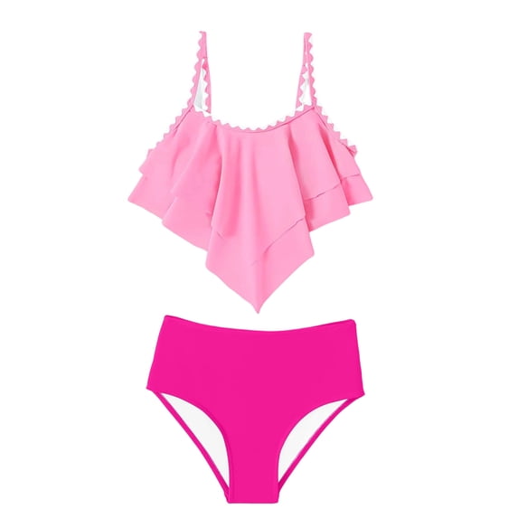 DFEK Girls Swimsuit 2 Piece Bikini Set Tiered Ruffled Bathing Suit Two Piece Girls' Swimwear with Adjustable Straps Hot Pink 11-12 Years