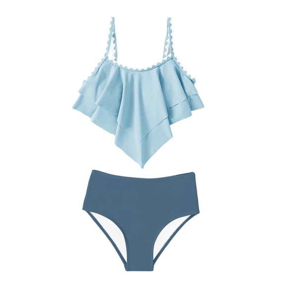 DFEK Girls Swimsuit 2 Piece Bikini Set Tiered Ruffled Bathing Suit Two Piece Girls' Swimwear with Adjustable Straps Sky Blue 7-8 Years