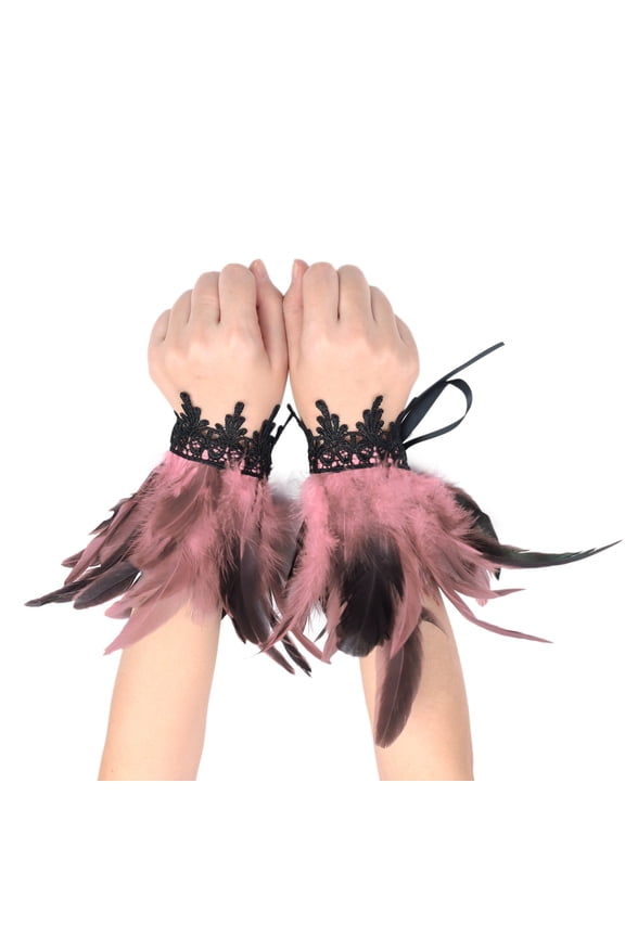 Gothic Boho Style Hand Accessory Feathered Wrist Lace Bracelet For Halloween Party Pink One Size