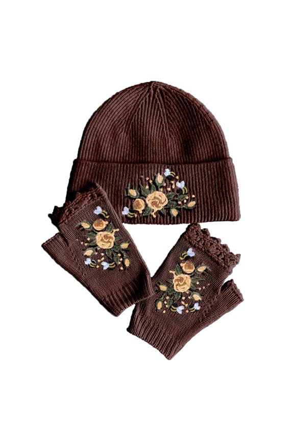 Handmade Crochet Fingerless Mittens with Embroidered Floral Pattern for Winter Warmth and Cozy Autumn Days Brown One Size