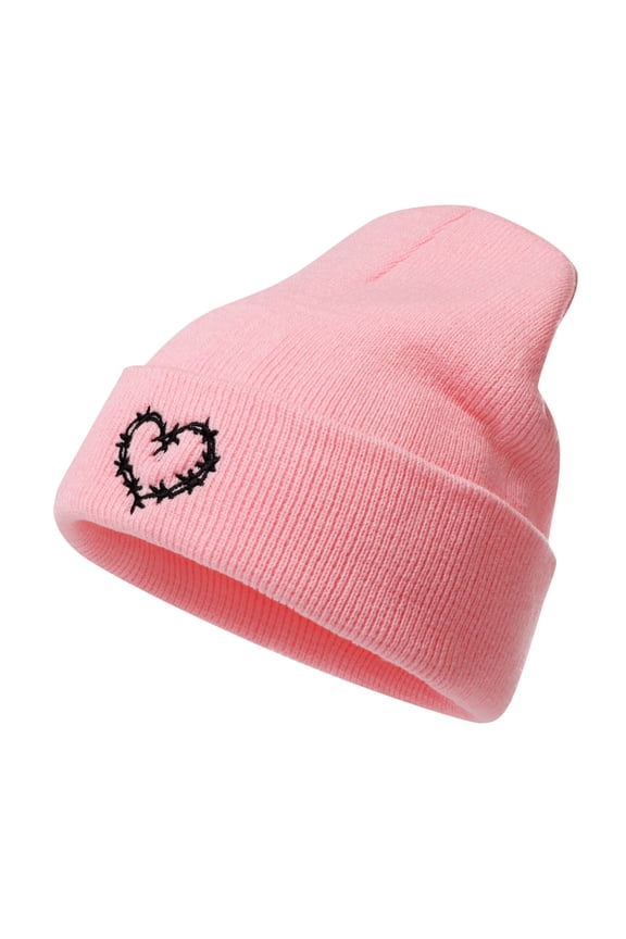 Heart Embroidered Knitted Hat for Winter Warmth Versatile Hop Style Cold Weather Cap Pink One Size