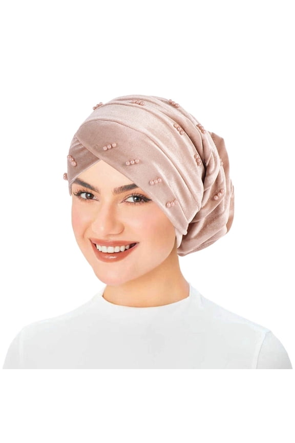 Hijab Cap Headband Scarf Turban Wrap Velvet Beaded Solid Color Forehead Covering Accessory for Women Beige One Size