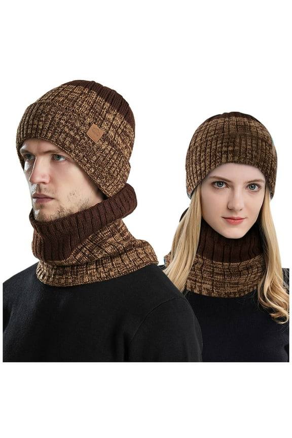 Knitted Winter Hat with Integrated Scarf and Hood for Men and Women - Windproof Cold Weather Coif Coffee One Size