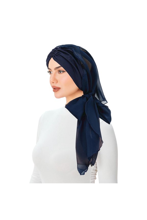 Long Tail Chiffon Headscarf Forehead Pleated Hijab Cap With Large Flowing Design Navy One Size