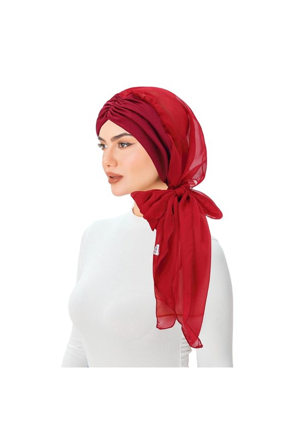 Long Tail Chiffon Headscarf Forehead Pleated Hijab Cap With Large Flowing Design Wine One Size