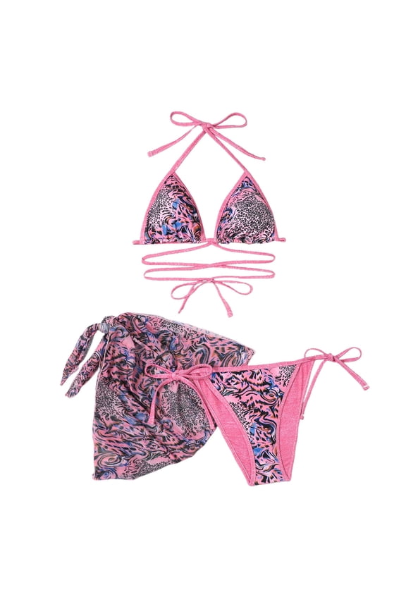 Plus Size Reversible Triangle Bikini Set Three Piece Swimsuit For Women Beach Pool Summer Swimwear Pink M